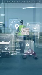 Poster - Animation of data processing on screens over caucasian man working in warehouse