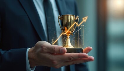 Aufkleber - Businessman in suit holds golden trophy with financial growth chart. Business success concept. Increasing arrow, rising graph shows profit, financial growth, investment return, wealth. Achievement