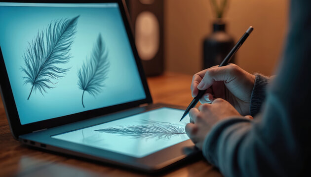 Artist creates digital artwork on drawing tablet. Digitally drawn feather on laptop screen. Creative work process, using modern tech. Inspiration drawing by stylus. Art, design, tech. Digital art,