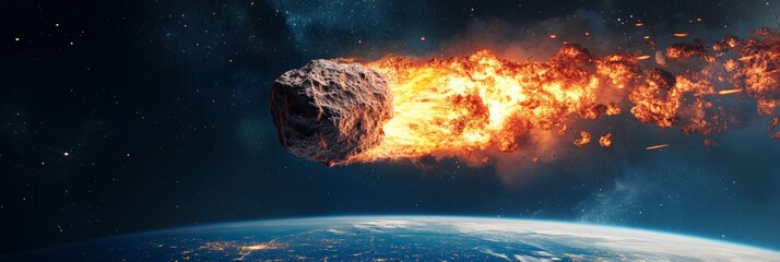 Poster - Large asteroid burning while entering earth's atmosphere, posing a cosmic threat and potential extinction level event, creating a dramatic and dangerous scene of fire and destruction