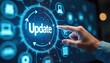 © Pete - Hand touches virtual screen button update. Technology upgrade concept. Digital information, software, network, installation process. Internet tech, modern innovation. System improvement, new version
