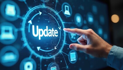 Leinwandbilder - Hand touches virtual screen button update. Technology upgrade concept. Digital information, software, network, installation process. Internet tech, modern innovation. System improvement, new version