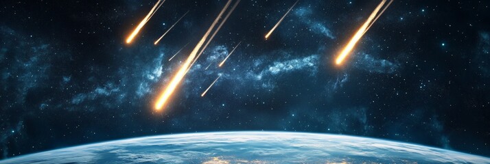 Poster - Blazing asteroids hurtling toward earth from the vastness of space create a dramatic, potentially catastrophic celestial event, igniting fears of impending destruction and chaos