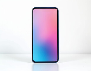 Poster - Sleek smartphone showcases vibrant dreamy gradient backdrop with pink purple blue hues against clean white background. Modern tech design. Innovative digital device for product presentation.