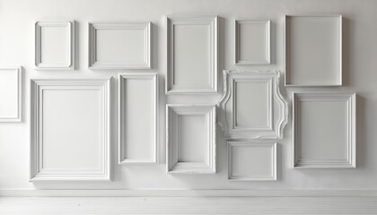 Poster - Gallery wall features random arrangement of white frames. Plain empty frames different shapes sizes. Art concept for interior design. Decor, exhibition space with copy space to insert art. Art museum