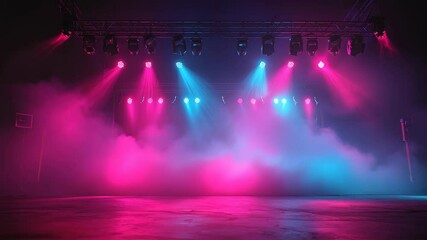 Poster - Illuminated Stage: Dynamic interplay of radiant lights, casting a vibrant glow across the empty platform, creating a captivating visual experience.