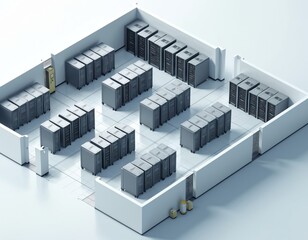 Poster - Isometric schematic of data center. Computer server racks, hardware equipment layout. Modern tech, network infrastructure. Concept of cloud computing. Digital business, internet data storage, hosting.