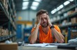 © Pete - Exhausted warehouse worker suffering from headache. Overworked, stressed, tired man feels work pressure, fatigue. Mental health issues in workplace, job stress. Burnout, pressure, health problems,