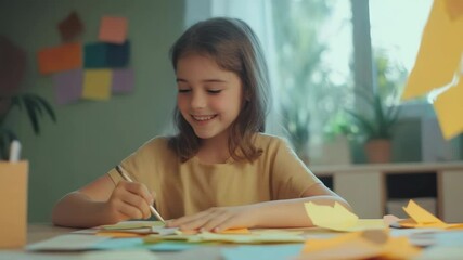 Poster - Happy elementary school student drawing and writing on colorful sticky notes while studying at home, enjoying her homework and back to school activities