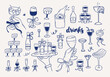 © madiwaso - Whimsical doodle drink sketch hand drawn line art set. Whimsy party cocktails hands holding glasses with wine, bows. Coquette wedding italian martini, margarita vector illustration