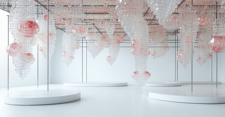 Poster - Installation features suspended crystal formations. Pink hues blend with clear elements, creating ethereal space. Minimalist platforms support display.