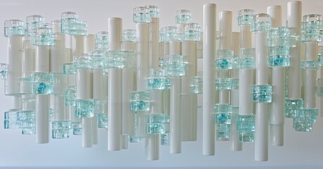 Poster - Abstract installation. Vertical white tubes interspersed with translucent blue blocks. Minimalist design, clean lines, modern aesthetic. Wall art.
