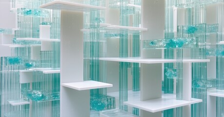 Aufkleber - Abstract installation. White supports hold translucent turquoise blocks. Minimalist design creates layered visual depth. Light filters through structure.
