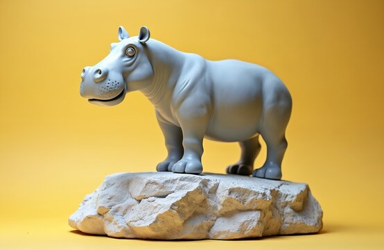Light grey hippo sculpture atop rock formation. Decorative stone hippo statue against yellow background. Wildlife art concept for design. Modern decor element for zoo and animal lovers.