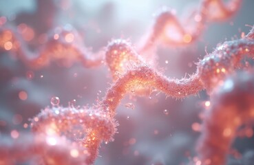 Poster - Dynamic illustration of glowing DNA molecules, protein structures in crystalline white space with geometric connections. Science, biology, biotechnology, medical research, genetic engineering,