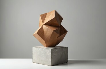 Aufkleber - Geometric wooden sculpture concrete block. Modern abstract art design, natural wood texture, minimalist shapes composition. Brown wooden structure, neutral background. Ideal for interior design,