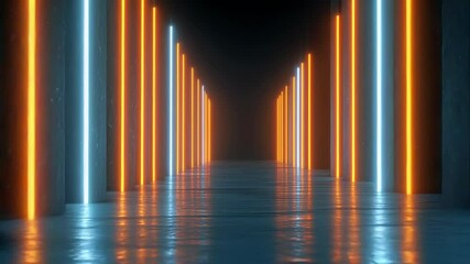 Poster - Neon glow illuminates an empty corridor, creating a mesmerizing display of light and shadow. Abstract. Dark. Reflections. Future.