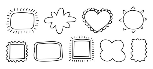 Set of black linear hand drawn frames isolated on a white background.  Modern abstract decor. Vector illustration.