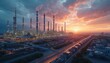 © Pete - Industrial plant at sunset with pollution reduction technology, CCUS, carbon capture utilization storage. Innovative eco-friendly energy project with sustainable infrastructure. Transition from