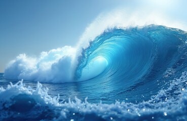 Fototapete - Illustration of blue ocean wave with white sky. Dynamic artwork, vibrant colours. Wave with water, surf. Modern wallpaper, graphic design for decoration digital art. Artwork for print, background,