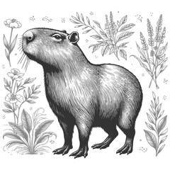 Wall Mural - capybara sketch engraving generative ai fictional character vector illustration. scratch board imita