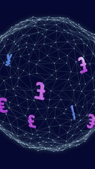 Poster - Animation of globe of connections with currency symbols on black background