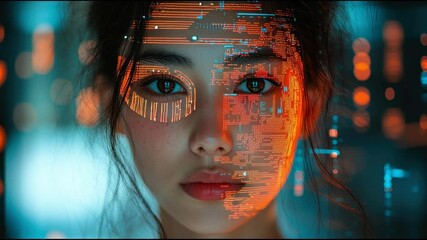 Poster - Futuristic woman with a digital face displaying advanced technology in cybersecurity and artificial intelligence concepts. Futuristic Cybersecurity Face – Animated Video Version