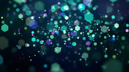 Fototapete - Dynamic Hexagon Bokeh: Abstract Teal, Purple, and Green Particles Floating in Space