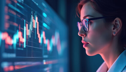 Aufkleber - Woman analyzes stock market financial data on screen, wearing glasses. Focused on graphs, charts, investment, trends, analysis. Financial expert, analyst, data science, modern office workspace.