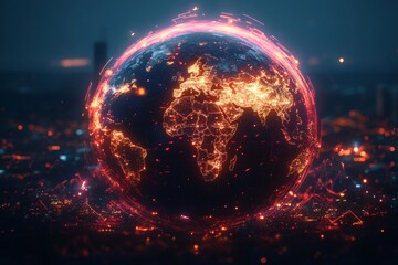 Poster - A Vividly Colorful Globe Surrounded by Dynamic Light Trails and Arrows on a Dark Background