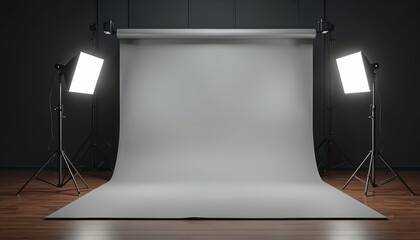 Poster - Empty studio backdrop with professional lighting equipment for photo shoots. Gray background, wooden floor, studio lights on tripods. Clean, modern space for content creation.
