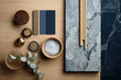 © Olena - Kitchen Mood Board with Natural Elements. Kitchen mood board with wood, stone, and paint samples, along with decorative elements like botanicals and spices.