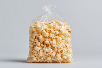 Poster - Bag of golden popcorn. A classic snack perfect for movie nights or casual gatherings, sealed in a clear plastic bag.