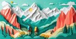 © antishock - Papercraft landscape depicts hikers amid mountains, trees, sun. Vibrant colors create layered depth, whimsical scene.