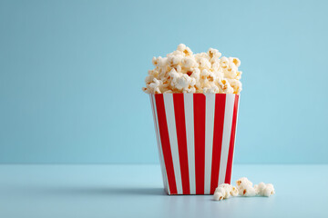 Poster - Classic movie snack: Popcorn overflowing from a red and white striped container, against a light blue background. Tasty treat!
