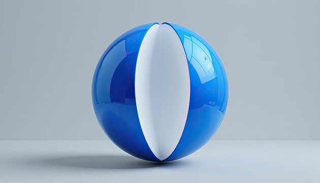Glossy blue and white sphere with reflective surface on a light gray background