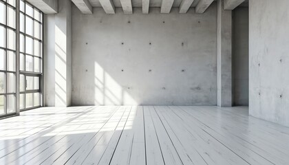 Poster - Modern industrial interior design. Minimalist architecture concept with concrete walls wooden floor and big windows with bright light. Empty room for creative projects photo studio with white space.