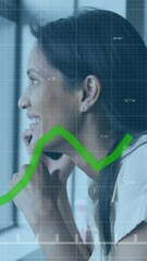 Poster - Animation of graphs over smiling woman looking through window and talking on cellphone