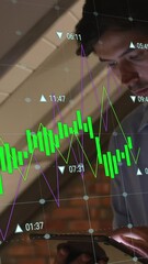 Poster - Animation of multiple graphs with changing numbers over caucasian man scrolling on digital tablet