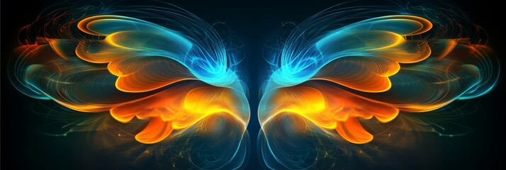 Poster - Vibrant Symmetrical Network Design with Bright Cyan and Orange Luminescence on Dark Background