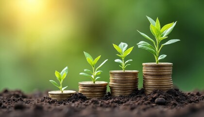 Aufkleber - Green plant grows from coin stacks, symbolizes investment growth. Concept of financial prosperity, success in startup industry, business development, finance, wealth. Idea of savings, future economy.