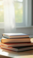Poster - Four colorful books are neatly stacked on a table near a sunlit window, creating a serene atmosphere conducive to learning and knowledge, perfect for back to school themes