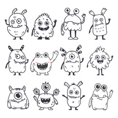 Wall Mural - set of cartoon monsters. Cute monsters in doodle style. Kids funny character design for posters, cards, magazins. Line. Vector illustration
