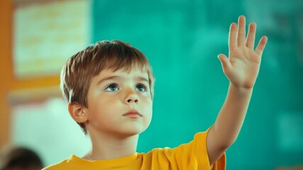 Poster - Elementary school child raising hand enthusiastically to answer teacher's question during engaging lesson in vibrant classroom, highlighting the back to school theme and eagerness for knowledge