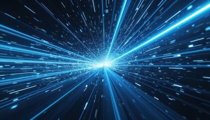 Aufkleber - Dynamic illustration light speed tunnel effect. Blue, white streaks on dark background with glowing particles. Ideal for tech sci-fi projects. Representing speed motion blur energy digital abstract.