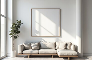 Poster - Modern living room interior design featuring blank picture frame mockup on white wall above sofa. Scandinavian style decor, sunlight, minimalist design. Home decor, art.