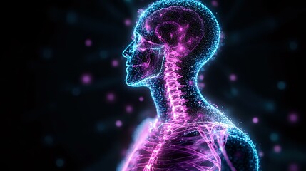 Poster - Glowing neon anatomical profile showing skeleton and nervous system in blue and pink colors against dark background with bokeh light effects.