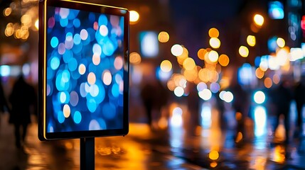 Poster - Digital tablet screen glowing with blue bokeh lights against urban night street background with blurred city lights and reflections on wet pavement.