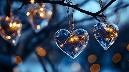 Poster - Glowing heart-shaped glass ornaments hanging against dark blue background with soft bokeh lights creating romantic magical atmosphere for Valentine's Day decor.