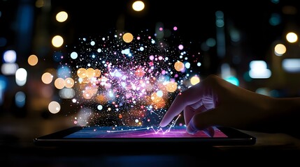 Poster - Magical glowing particles and bokeh lights bursting from digital tablet screen in dark environment, creating ethereal technology visualization effect.